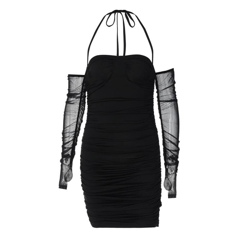 Mesh solid gloves halter off shoulder backless ruched mini dress