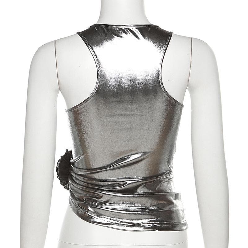 Ärmelloses, gerüschtes Crop-Top aus Metallic mit Blumenapplikation 