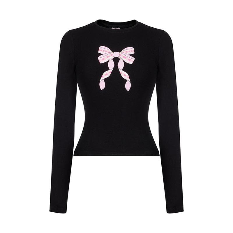 Bowknot pattern contrast crewneck long sleeve top