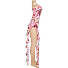 Butterfly print contrast irregular ruffle backless tube maxi dress - Final Sale