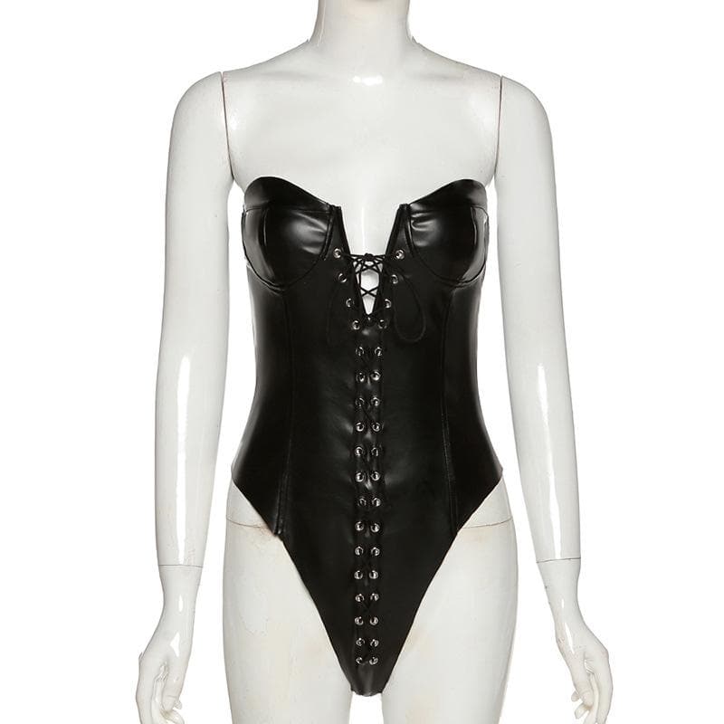 Rückenfreier Tube-Bodysuit aus PU-Leder mit Schnürung und Kerbkragen 