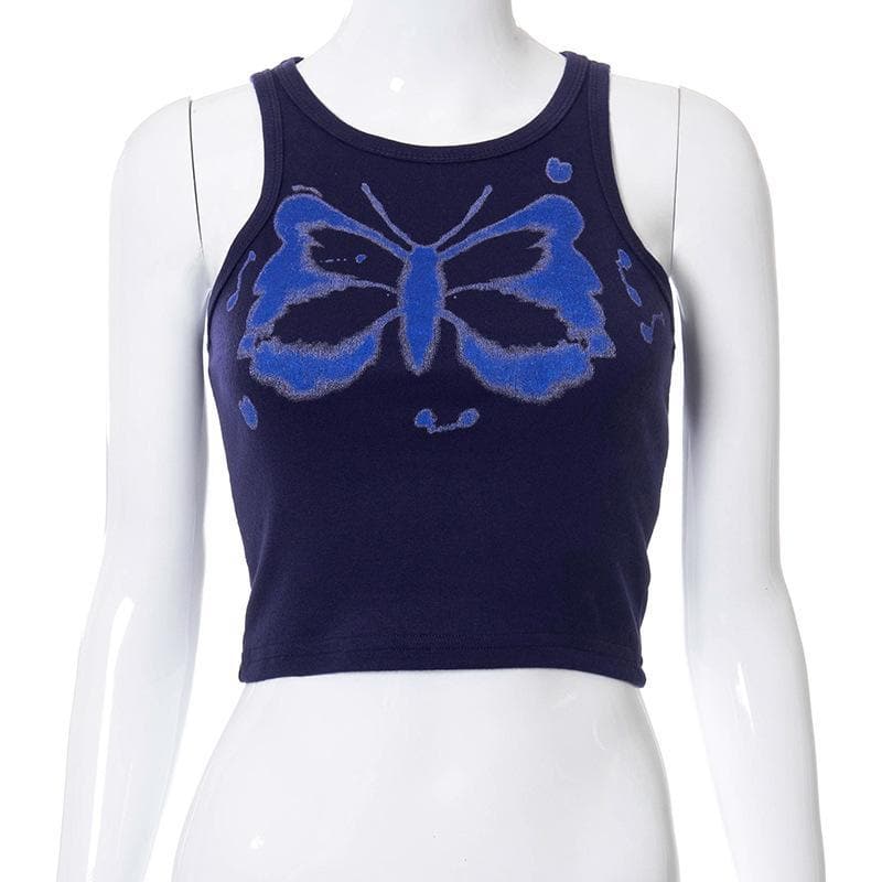 Camiseta sin mangas con estampado de mariposas y cuello redondo 