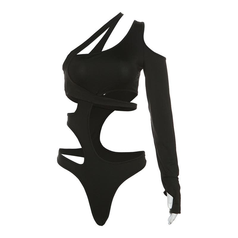 Aushöhlen unregelmäßigen One-Shoulder solide Handschuhe Bodysuit 