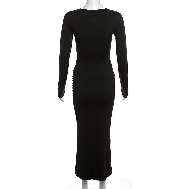 Ruched solid long sleeve zip-up maxi dress