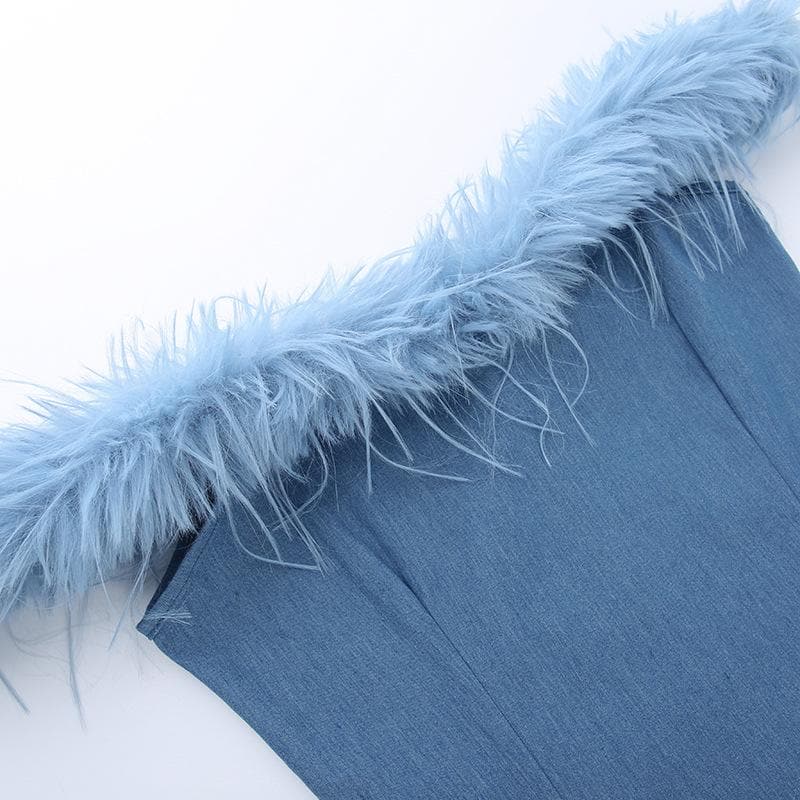 Schulterfreies, einfarbiges, rückenfreies Denim-Minikleid mit Reißverschluss und Federn