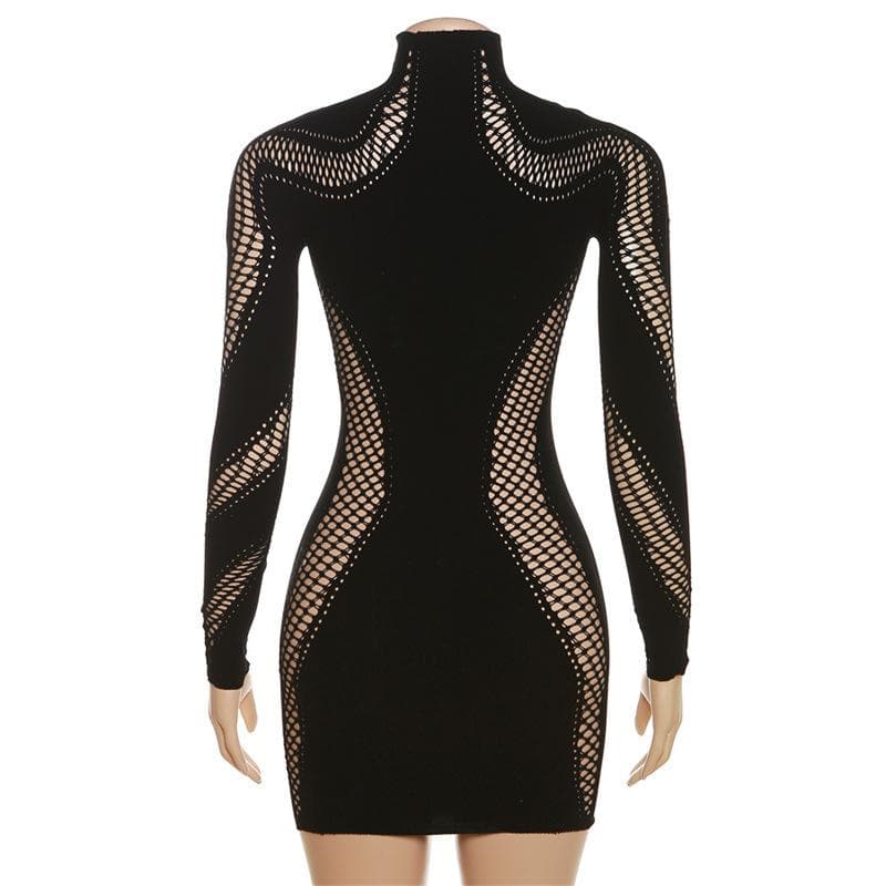 Hollow out solid long sleeve fishnet high neck mini dress