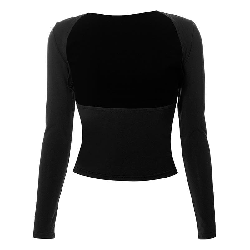 Hollow out solid long sleeve backless top