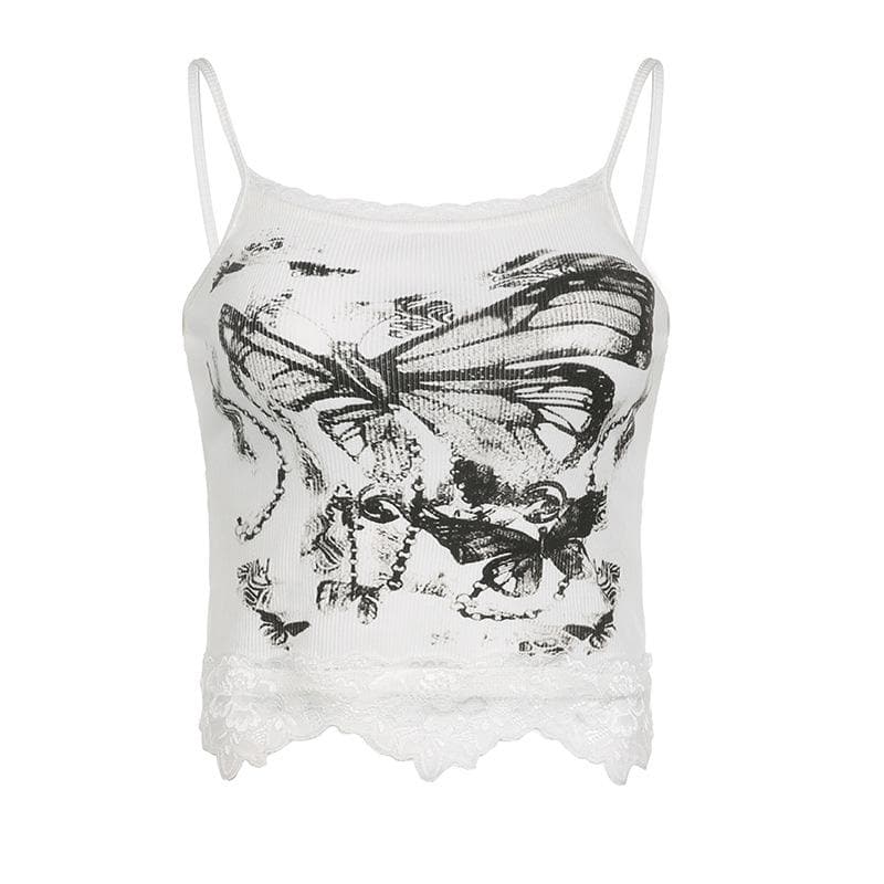 Ribbed butterfly pattern lace hem contrast cami crop top