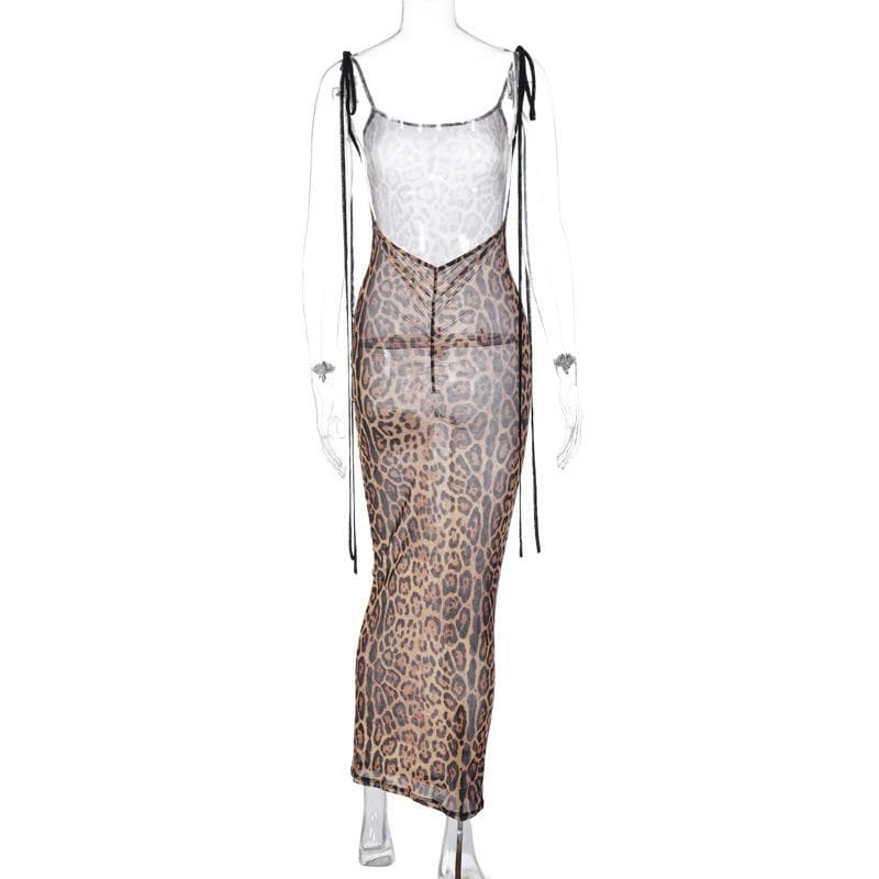 PRE ORDER - Mesh leopard print backless self tie ruched maxi dress