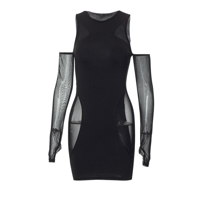 Mesh sleeveless solid gloves crewneck mini dress