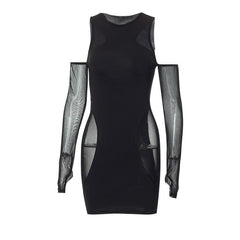 Mesh sleeveless solid gloves crewneck mini dress