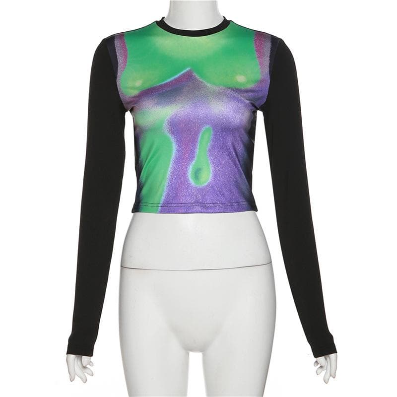 Long sleeve contrast abstract print crewneck crop top