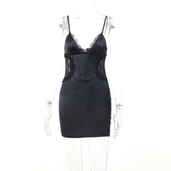 Einfarbiges Camisole-Minikleid mit Patchwork-Korsett und V-Ausschnitt 