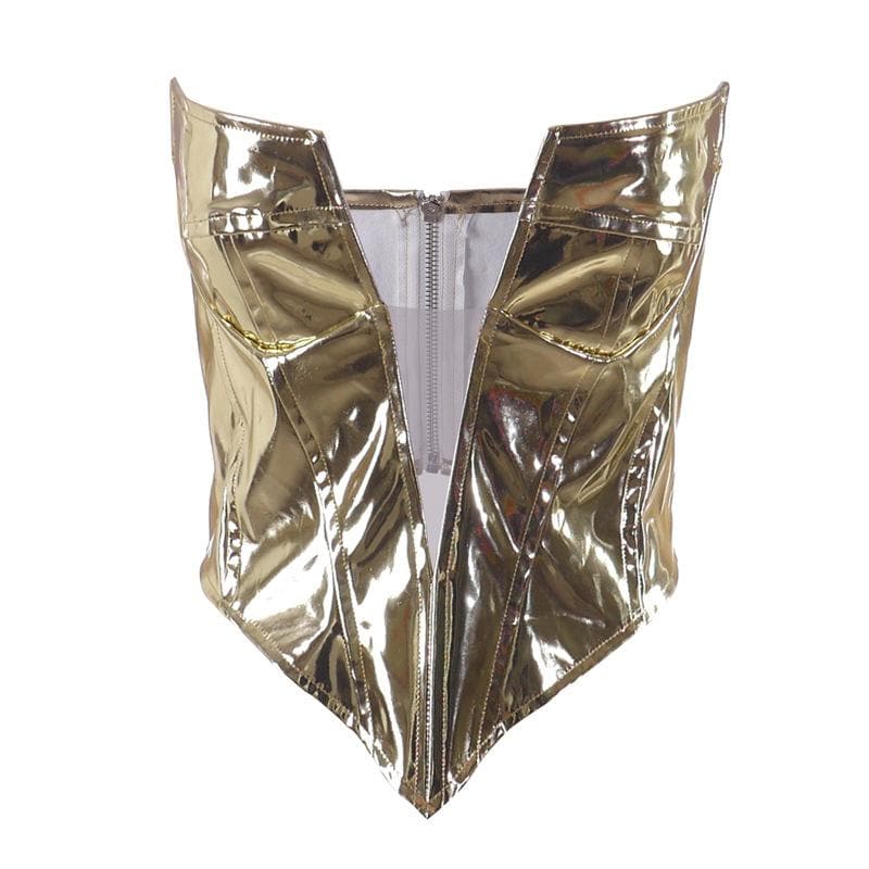 Metallic v neck zip-up low cut backless corset tube top