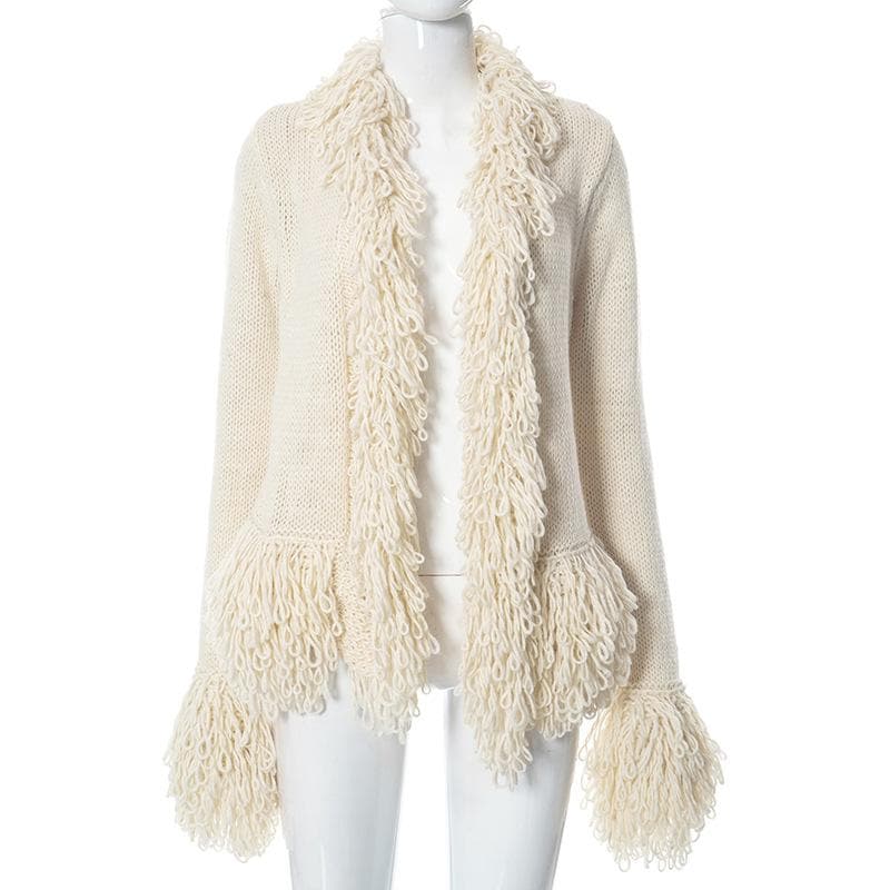 Knitted solid long sleeve tassels coat top