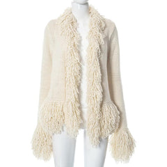 Knitted solid long sleeve tassels coat top