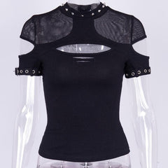 Fishnet patchwork hollow out short sleeve buckle top