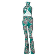 Ausgestellter Jumpsuit mit Neckholder-Print und Hohlsaum