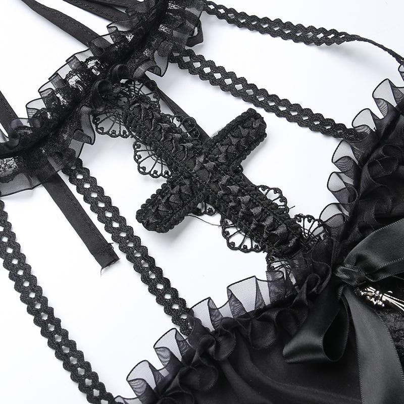 Minikleid mit strukturierter Kreuzapplikation, Rüschen, Neckholder, Reißverschluss und Schnürung | viktorianische Gothic-Kleider