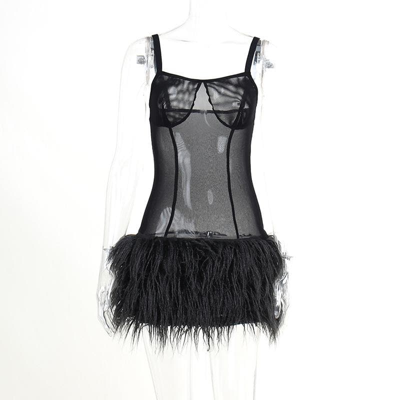 Mesh see through feather sleeveless backless mini dress