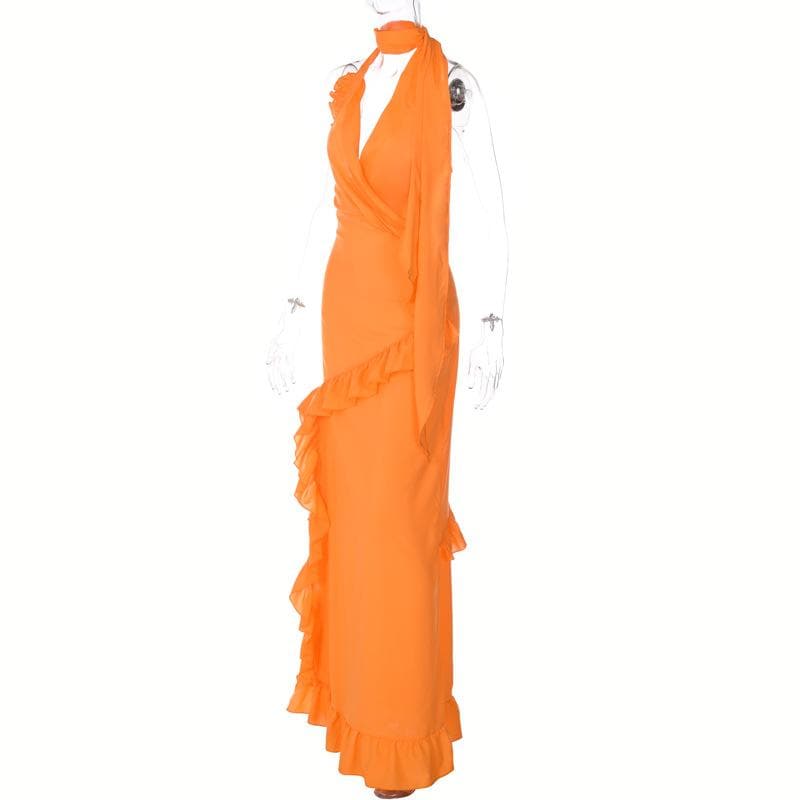 Halter v neck backless ruffle zip-up solid maxi dress