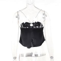 Ruched hollow out spaghetti strap satin backless crop top