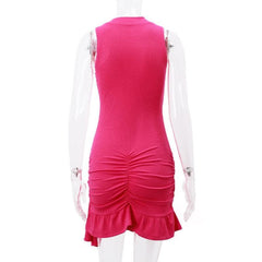 Flower applique solid sleeveless ribbed ruffle irregular mini dress