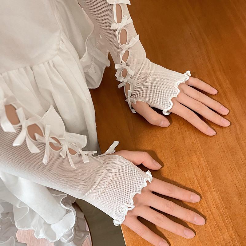 Mesh hollow out bowknot ruffle gloves