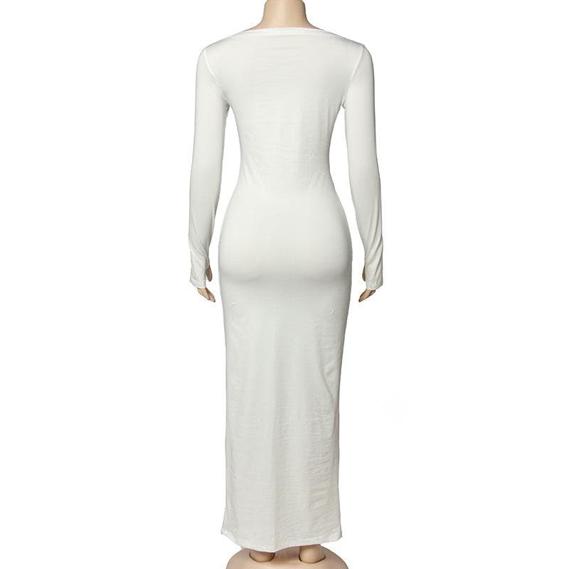 Ruched solid long sleeve round neck maxi dress