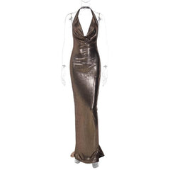 Rückenfreies Maxikleid mit Wasserfallausschnitt und Rüschen in Metallic-Optik und Neckholder