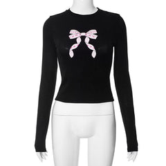 Bowknot pattern contrast crewneck long sleeve top