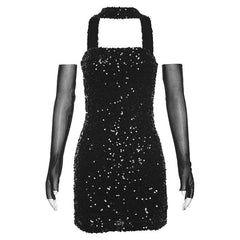 Glitter halter gloves mesh backless mini dress