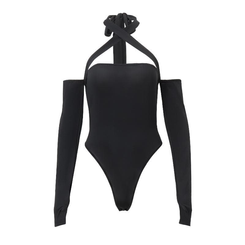 Long sleeve gloves off shoulder halter cross front ribbon backless bodysuit