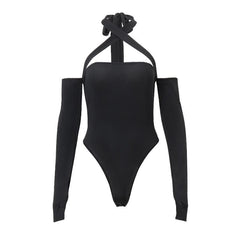 Langarmhandschuhe, schulterfreier Neckholder, überkreuzte Vorderseite, rückenfreier Bodysuit mit Schleife 