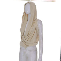 Solid hoodie cowl neck sleeveless drawstring ruched top