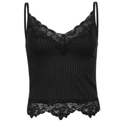 Einfarbiges Camisole-Top aus Spitze mit geripptem Saum und V-Ausschnitt