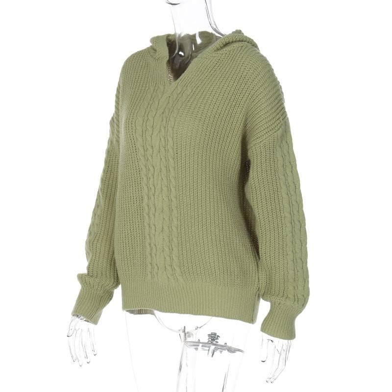 Hoodie long sleeve knitted solid v neck top