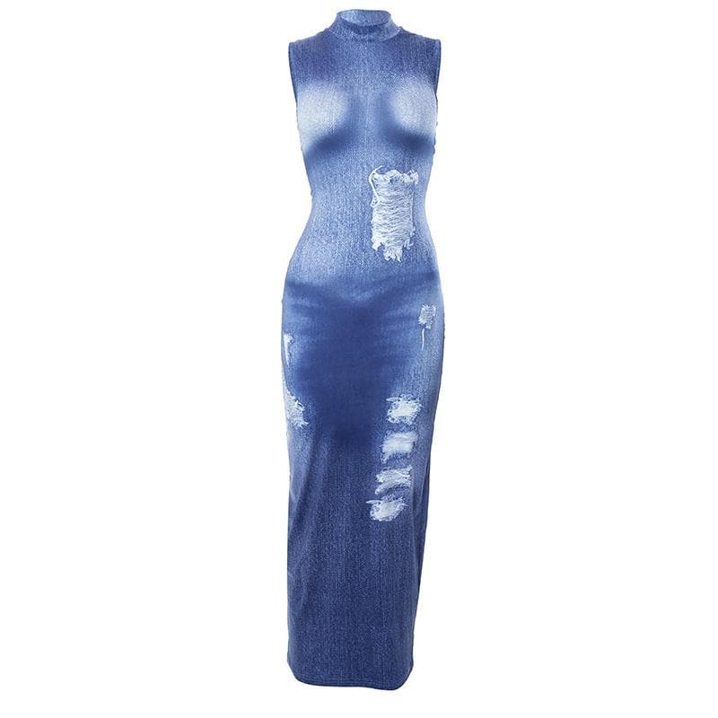 Ärmelloses Maxikleid mit hohem Kragen und Jeans-Print in Kontrastfarbe