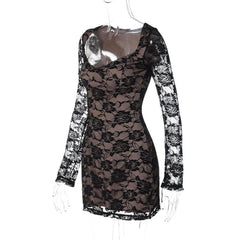 Long sleeve v neck lace contrast patchwork mini dress