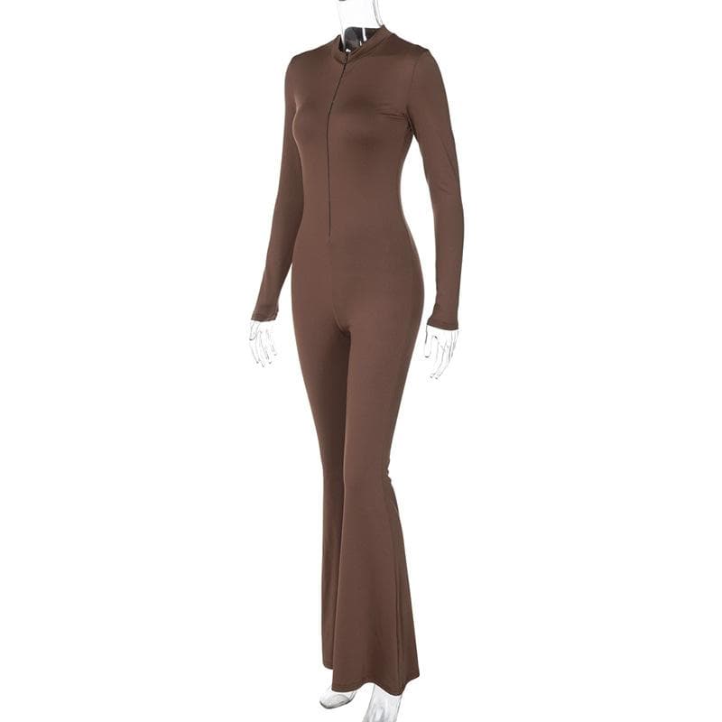 Long sleeve zip-up high neck solid flared jumpsuit