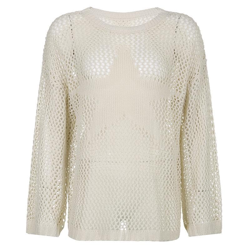 Crochet hollow out solid star pattern long sleeve top