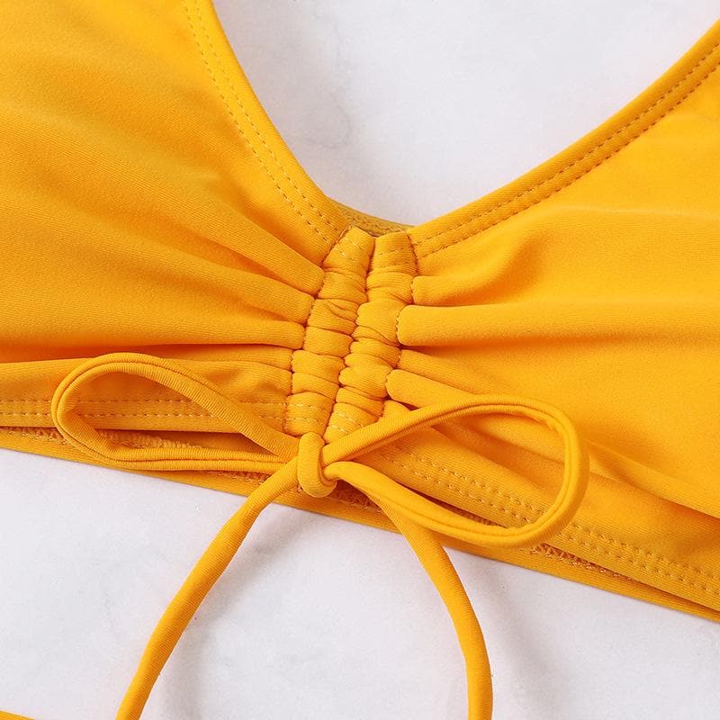 Traje de baño bikini fruncido liso con cordón ajustable y mangas cortas con volantes acolchados