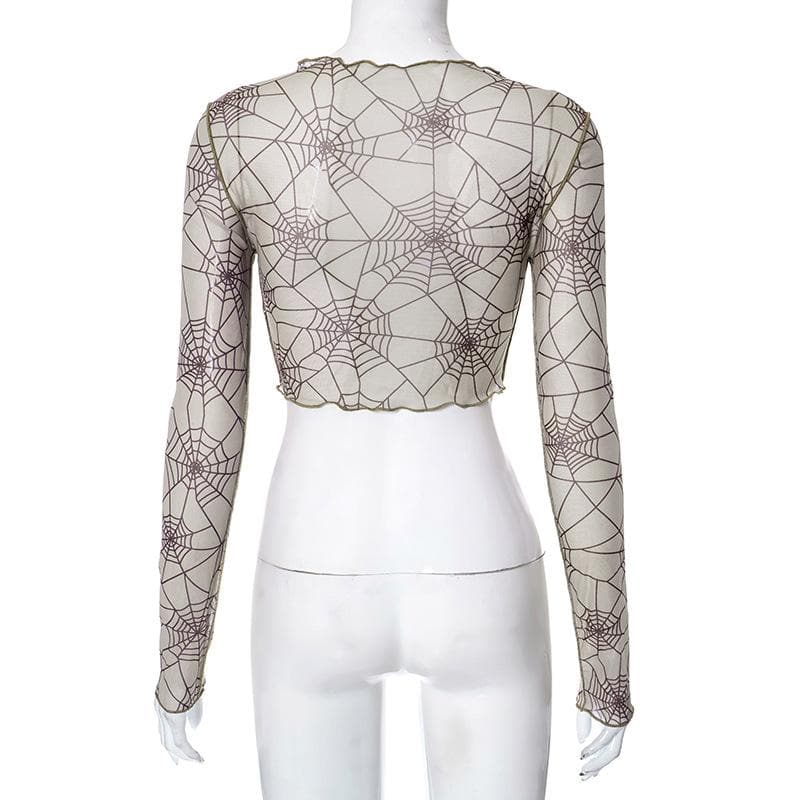 Langärmliges, transparentes Crop-Top aus Netzstoff mit Spinnennetz-Print