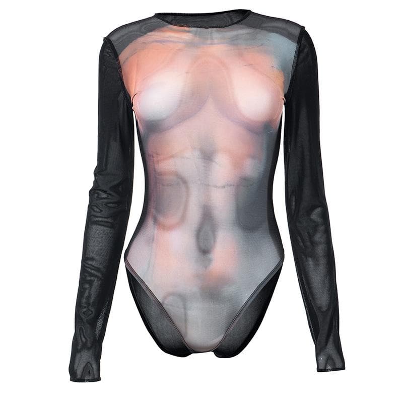 Body print contrast sheer mesh long sleeve see through bodysuit