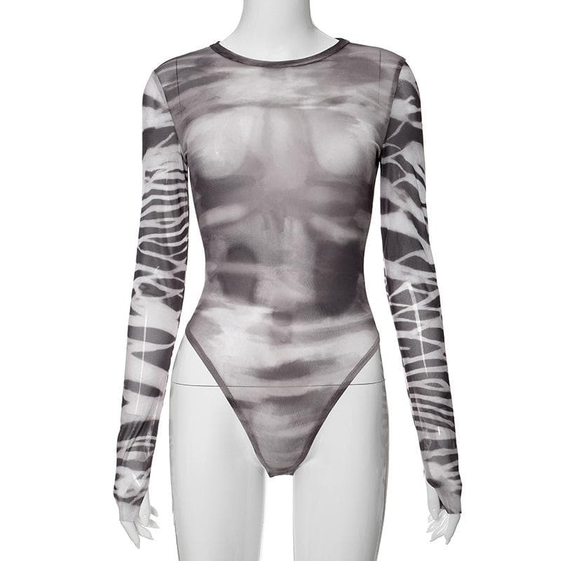 Gloves contrast print long sleeve sheer mesh see through bodysuit pant set