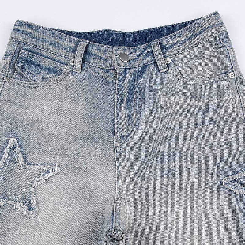 Star patchwork raw hem irregular medium rise jeans