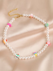 Faux pearl beaded clay necklace