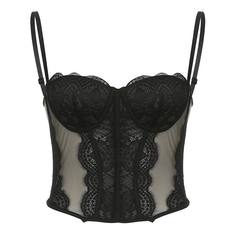 Rückenfreies Bustier-Camisole-Oberteil mit Netzstoff und Spitzensaum