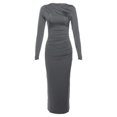 Ruched solid long sleeve zip-up maxi dress