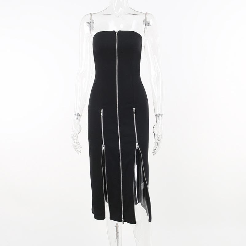 Zip-up slit backless solid tube midi dress